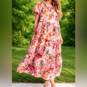 Ivy City Co Pink Floral Dress with Orange and Green Accents